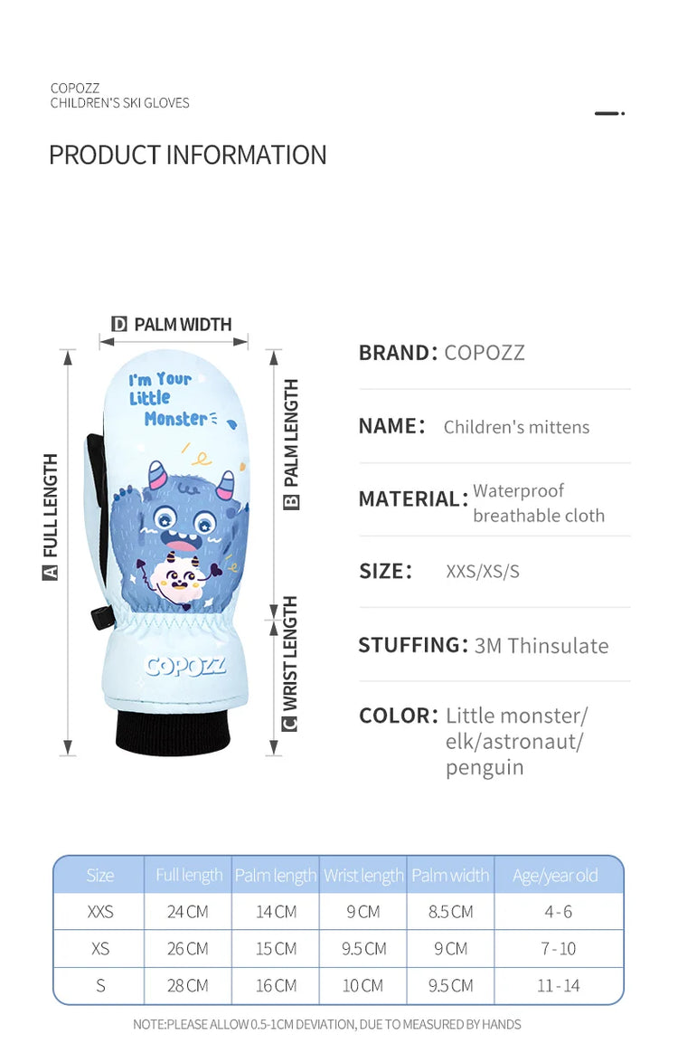 COPOZZ Children's Ski Gloves 3M Thinsulate Winter Keep Warm Finger Gloves Cute Cartoon waterproof Ultralight Snowboard Gloves