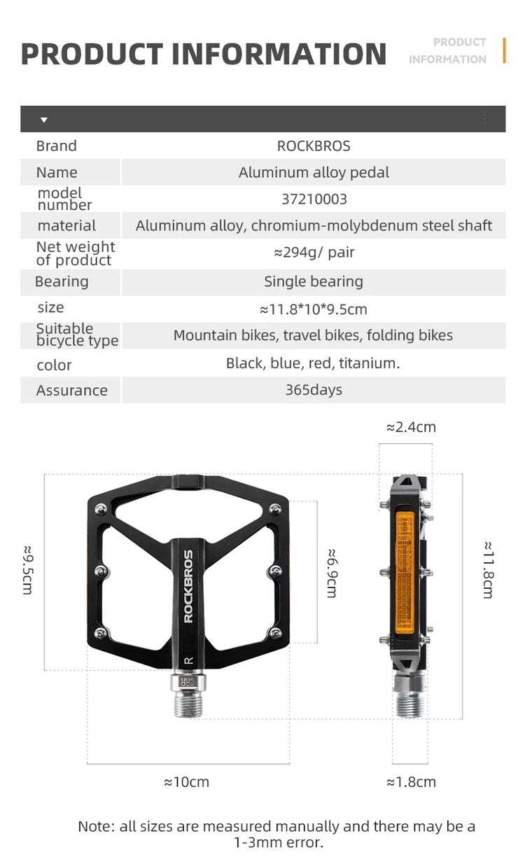 ROCKBROS Bike Pedals Aluminum Alloy Anti-slip MTB Road Flat Platform Pedals Reflective Bearing Cycling Pedals Bike Accessories